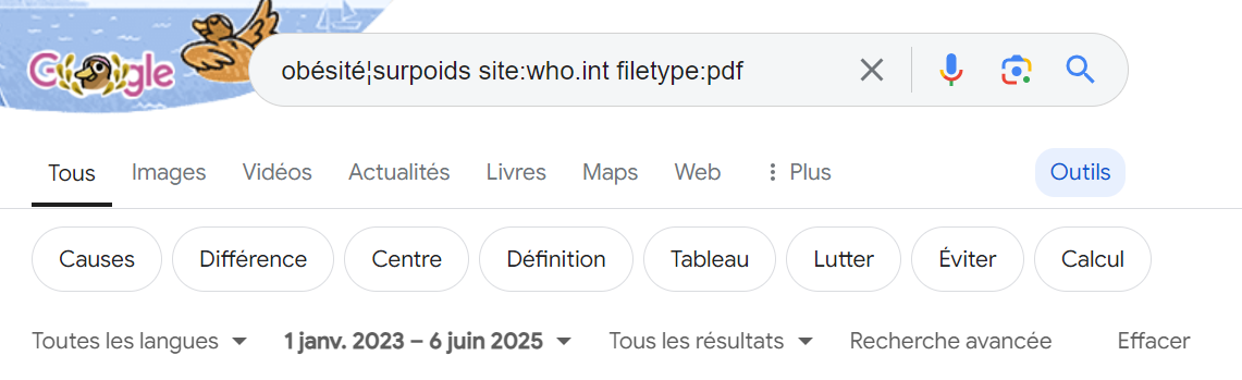 Capture d'écran d'une recherche Google utilisant les termes 'obésité|surpoids site who.int filetype:pdf' avec des filtres de date du 1er janvier 2023 au 6 juin 2025, cherchant des documents PDF sur l'obésité ou le surpoids sur le site de l'Organisation mondiale de la Santé (OMS).