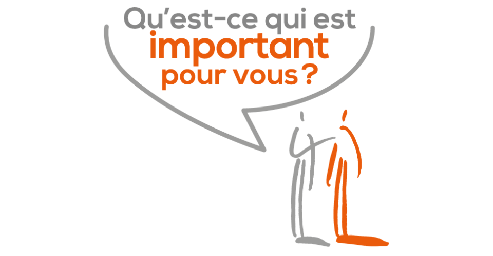 Illustration de deux silhouettes stylisées, l'une grise et l'autre orange, avec une bulle de dialogue contenant la question « Qu’est-ce qui est important pour vous ? » en texte gris et orange.