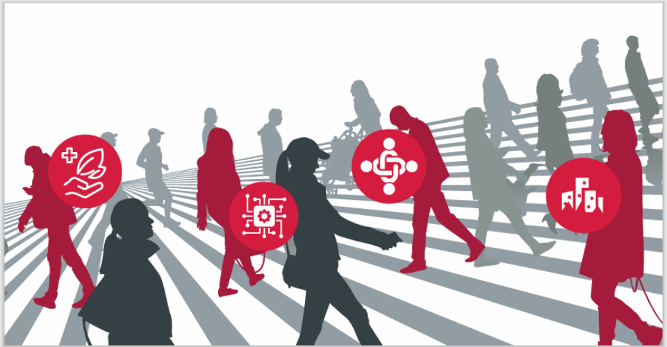 Illustration de silhouettes de personnes marchant sur une route en escalier, avec des icônes rouges représentant la santé, la technologie, la communauté et les infrastructures.