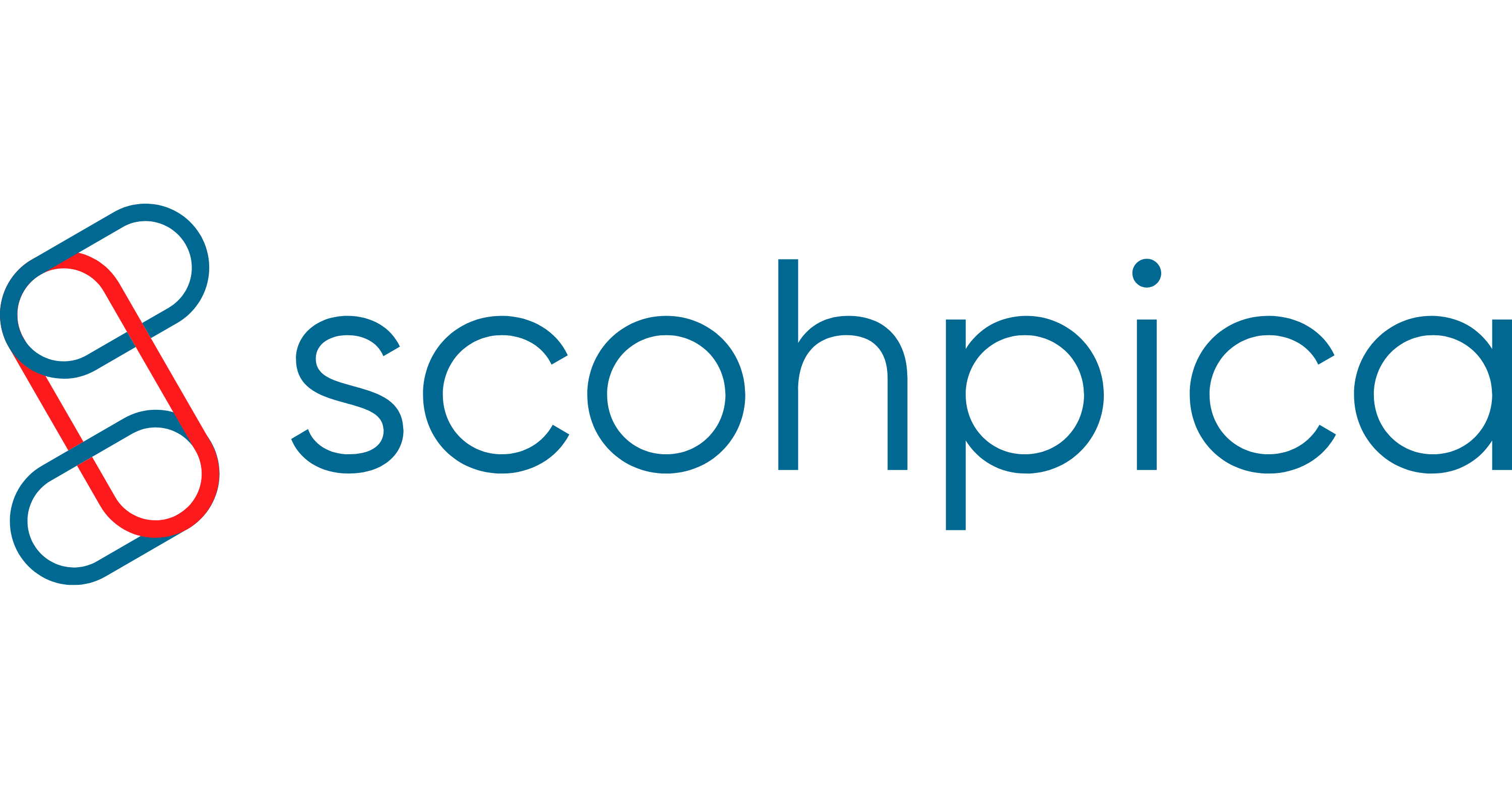 Logo de SCOHPICA, composé du nom en lettres bleues et d'un symbole à gauche représentant deux formes oblongues bleues et rouges entrelacées