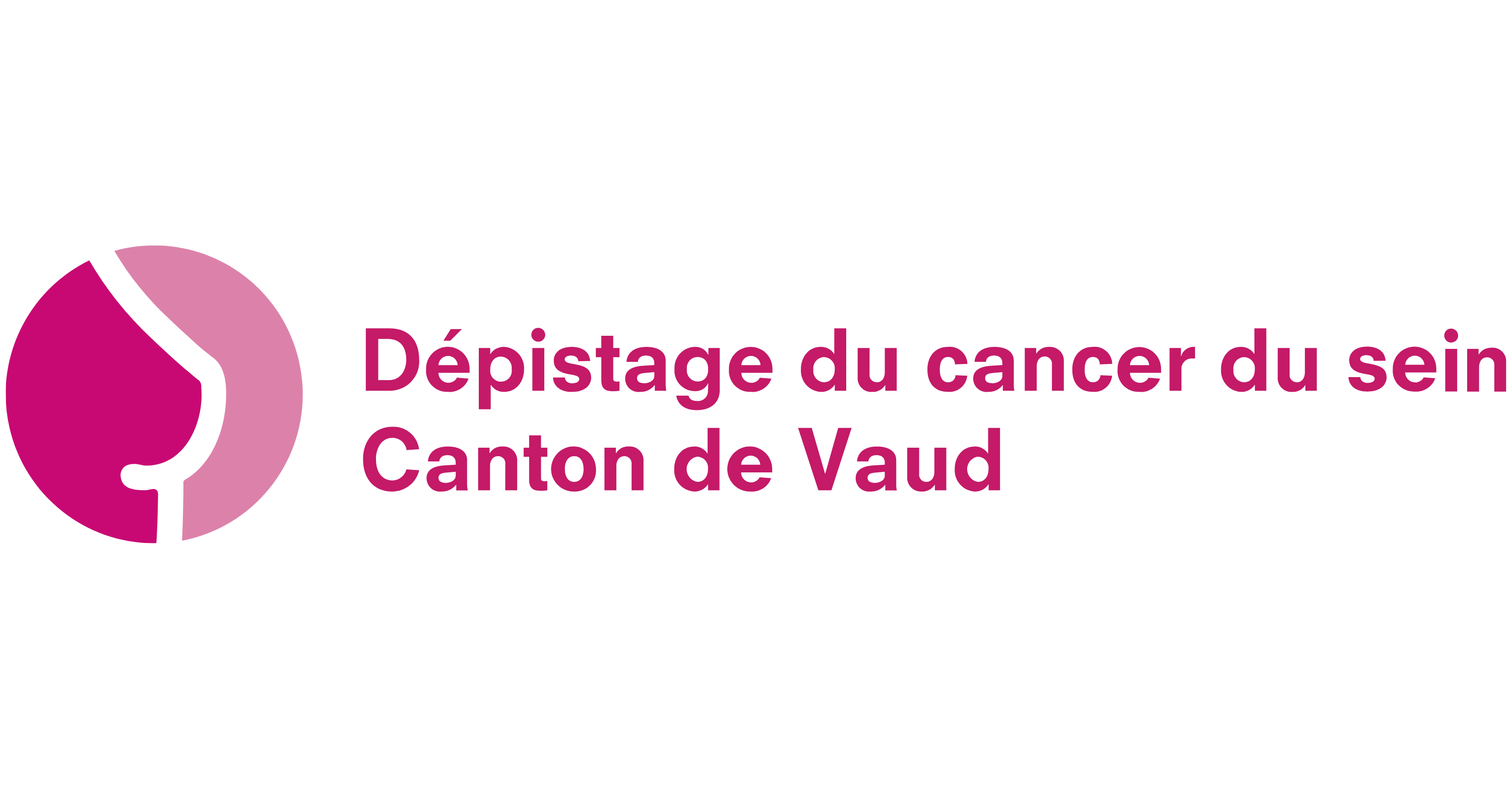 Logo du programme de dépistage du cancer du sein du Canton de Vaud. À gauche, un symbole stylisé représentant un sein en blanc sur fond rose. À droite, le texte 'Dépistage du cancer du sein Canton de Vaud' en lettres roses